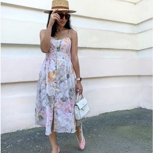 Smocked Floral Linen Cotton Blend Midi Sleeveless H&M DRESS -NWT